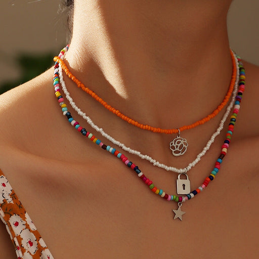 Wholesale Boho Colorful Rice Beads Flower Star Alloy Necklace JDC-NE-NZ323 Necklaces 奈珠 Wholesale Jewelry JoyasDeChina Joyas De China