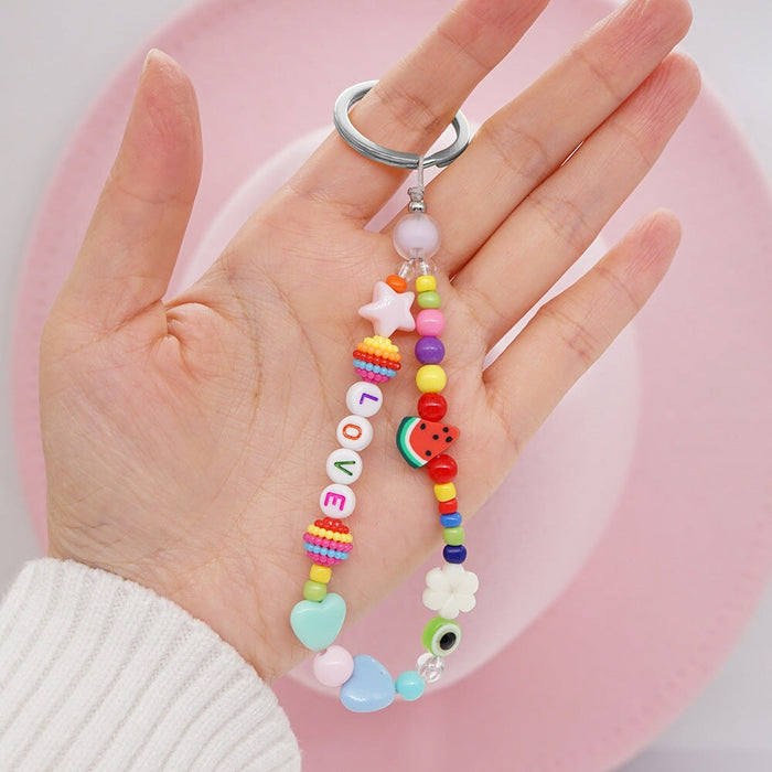 Wholesale Boho Resin Acrylic Imitation Pearl Beaded Rainbow Smiley Lanyard Keychain JDC-KC-Yuxz004 Keychains 煜星珠 Wholesale Jewelry JoyasDeChina Joyas De China