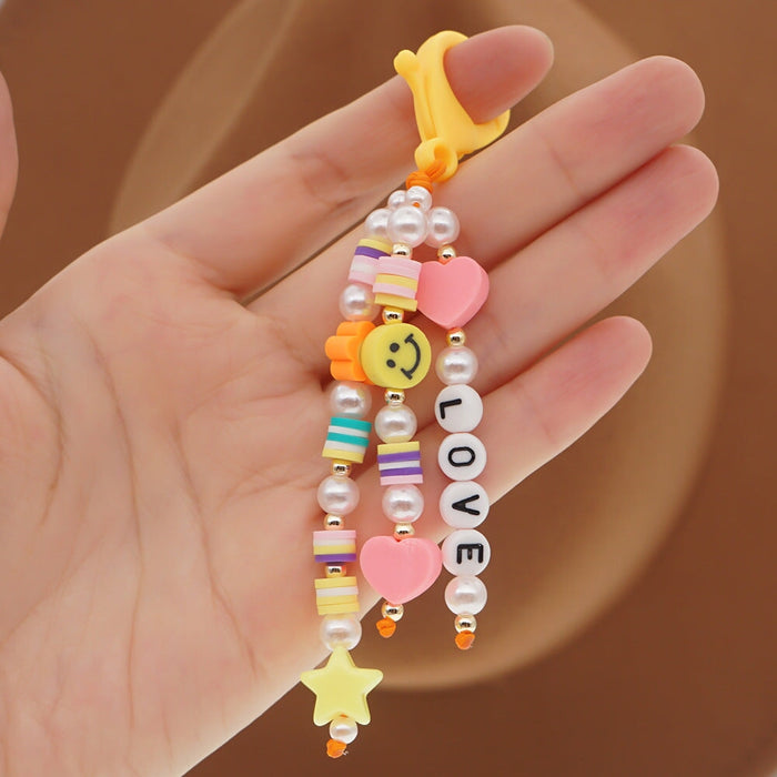 Wholesale Boho Resin Acrylic Imitation Pearl Beaded Rainbow Smiley Lanyard Keychain JDC-KC-Yuxz004 Keychains 煜星珠 QT-K210159A Wholesale Jewelry JoyasDeChina Joyas De China