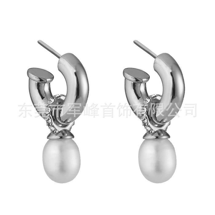 Wholesale Brass Electroplated White Steel Pearl Earrings JDC-ES-Junf010 Earrings 军峰 Wholesale Jewelry JoyasDeChina Joyas De China