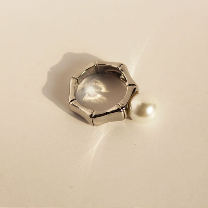 Wholesale Brass Real Gold Plated Vintage Bamboo Pearl Ring JDC-RS-BaoLi064 Rings 宝莉 White gold No. 7 Wholesale Jewelry JoyasDeChina Joyas De China