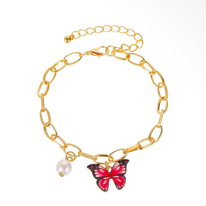 Wholesale Color Butterfly Alloy Pearl Thick Chain Bracelet JDC-BT-A028 Bracelet 妙雅 02KC pink 3932 Wholesale Jewelry JoyasDeChina Joyas De China