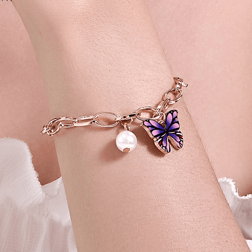 Wholesale Color Butterfly Alloy Pearl Thick Chain Bracelet JDC-BT-A028 Bracelet 妙雅 Wholesale Jewelry JoyasDeChina Joyas De China
