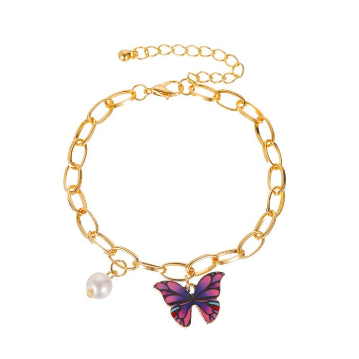 Wholesale Color Butterfly Alloy Pearl Thick Chain Bracelet JDC-BT-A028 Bracelet 妙雅 Wholesale Jewelry JoyasDeChina Joyas De China