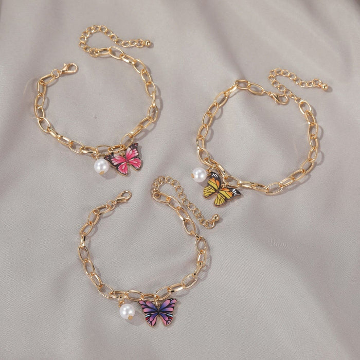Wholesale Color Butterfly Alloy Pearl Thick Chain Bracelet JDC-BT-A028 Bracelet 妙雅 Wholesale Jewelry JoyasDeChina Joyas De China