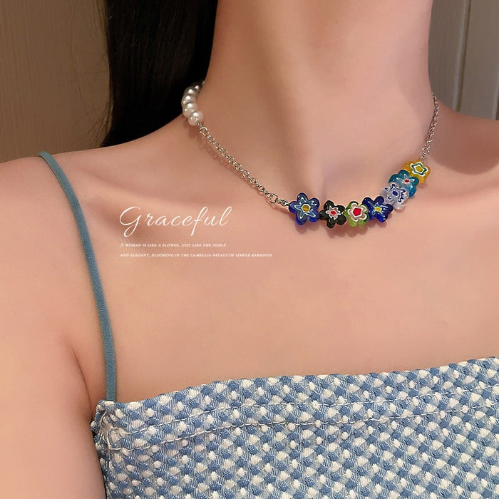 Wholesale color glazed daisy flower pearl alloy necklace JDC-NE-BaoY004 Necklaces 宝钰 Wholesale Jewelry JoyasDeChina Joyas De China