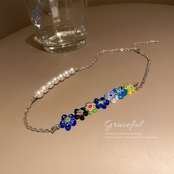 Wholesale color glazed daisy flower pearl alloy necklace JDC-NE-BaoY004 Necklaces 宝钰 Wholesale Jewelry JoyasDeChina Joyas De China
