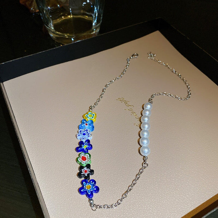 Wholesale color glazed daisy flower pearl alloy necklace JDC-NE-BaoY004 Necklaces 宝钰 Wholesale Jewelry JoyasDeChina Joyas De China