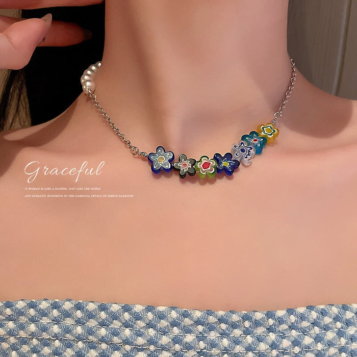Wholesale color glazed daisy flower pearl alloy necklace JDC-NE-BaoY004 Necklaces 宝钰 Wholesale Jewelry JoyasDeChina Joyas De China