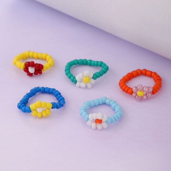Bulk Jewelry Wholesale colored resin flowers woven rice bead ring 5 piece set JDC-RS-C207 Wholesale factory from China YIWU China
