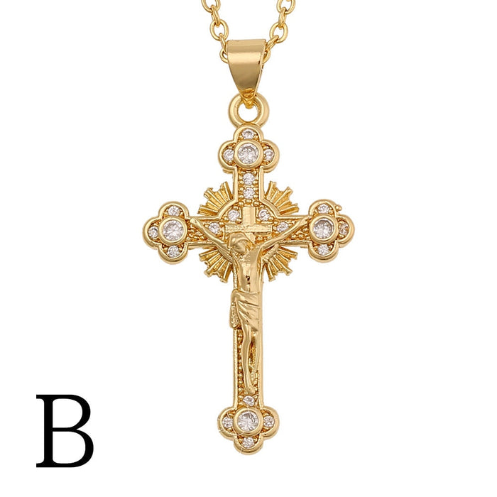 Wholesale Copper Set Zircon Jesus Cross Gold Plated Necklace JDC-NE-HongX001 Necklaces 鸿玺 Wholesale Jewelry JoyasDeChina Joyas De China