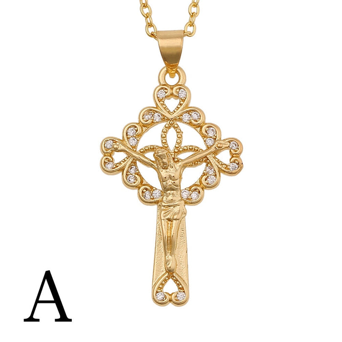 Wholesale Copper Set Zircon Jesus Cross Gold Plated Necklace JDC-NE-HongX001 Necklaces 鸿玺 Wholesale Jewelry JoyasDeChina Joyas De China