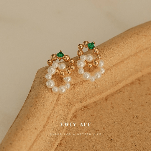 Wholesale Emerald Zircon Glass Pearl Stud Earrings JDC-ES-YWLY061 Earrings 丽轶 Wholesale Jewelry JoyasDeChina Joyas De China