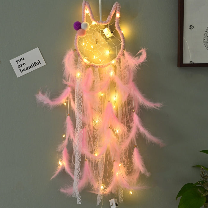 Wholesale Feather Iron Hoop Hairball Ribbon Dreamcatcher JDC-DC-JunX003 Dreamcatcher 俊贤 pink cat with lights Wholesale Jewelry JoyasDeChina Joyas De China