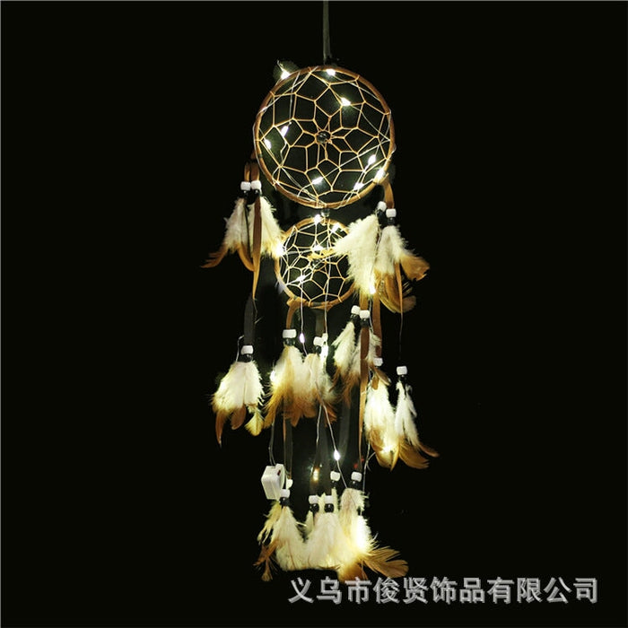 Wholesale Feather Ribbon Plastic Circle DreamCatcher Home Wall Decoration JDC-DC-JunX001 Dreamcatcher 俊贤 brown with lights Wholesale Jewelry JoyasDeChina Joyas De China