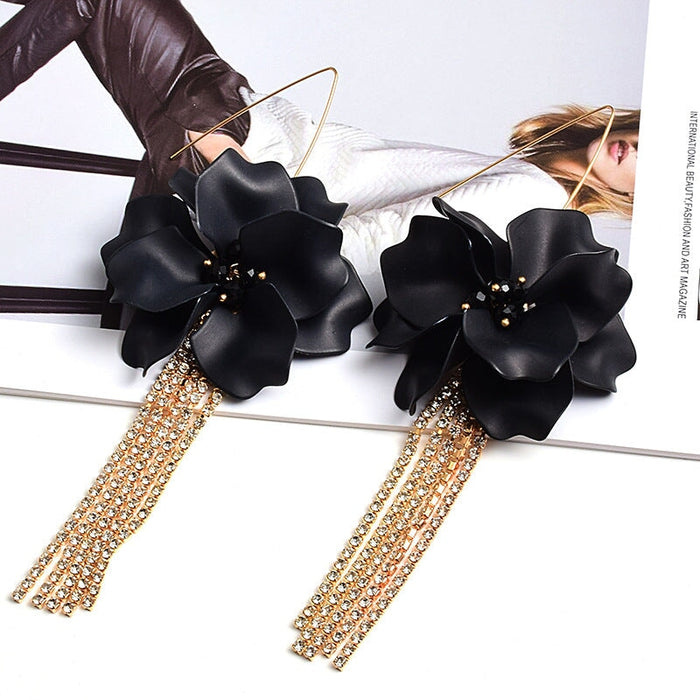 Wholesale Flower Shape Rhinestone Chain Tassel Plated Alloy Earrings JDC-ES-SK028 Earrings 深刻 blue Wholesale Jewelry JoyasDeChina Joyas De China