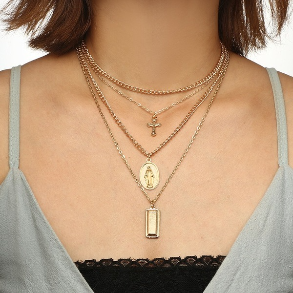 Bulk Jewelry Wholesale gold alloy cross Maria women's multilayer necklace JDC-NE-C069 Wholesale factory from China YIWU China