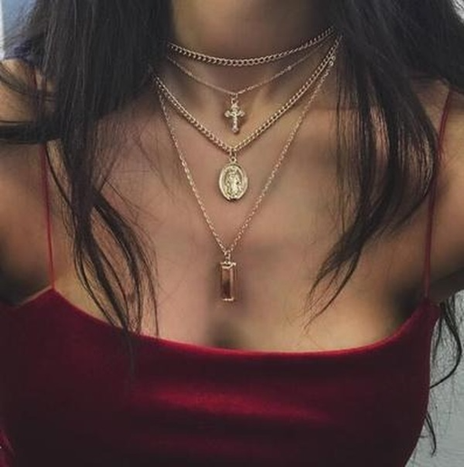 Bulk Jewelry Wholesale gold alloy cross Maria women's multilayer necklace JDC-NE-C069 Wholesale factory from China YIWU China