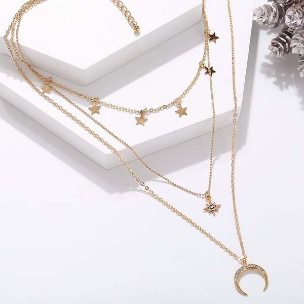 Bulk Jewelry Wholesale gold alloy five-pointed star eight-man star crescent three-layer necklace JDC-NE-F308 Wholesale factory from China YIWU China