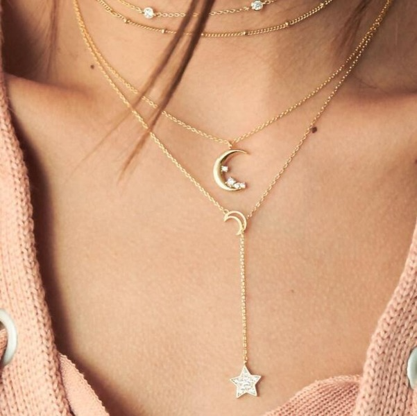 Bulk Jewelry Wholesale gold alloy moon-encrusted pentagram multi-layer necklace JDC-NE-C091 Wholesale factory from China YIWU China