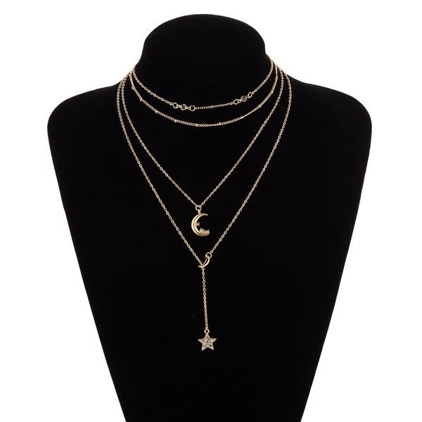 Bulk Jewelry Wholesale gold alloy moon-encrusted pentagram multi-layer necklace JDC-NE-C091 Wholesale factory from China YIWU China