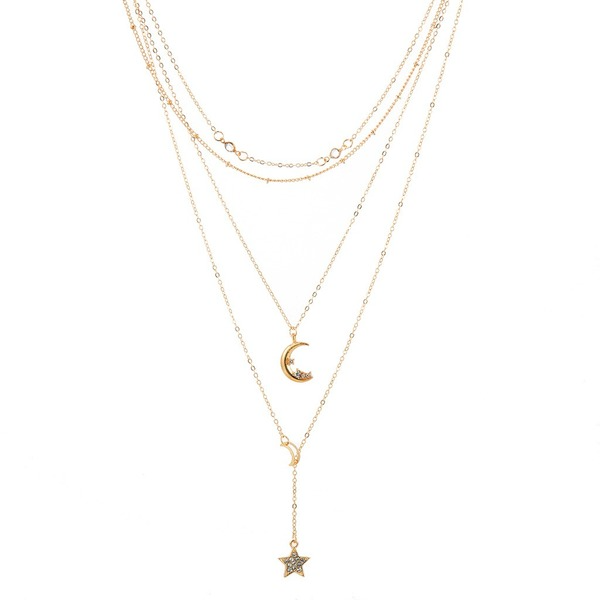 Bulk Jewelry Wholesale gold alloy moon-encrusted pentagram multi-layer necklace JDC-NE-C091 Wholesale factory from China YIWU China