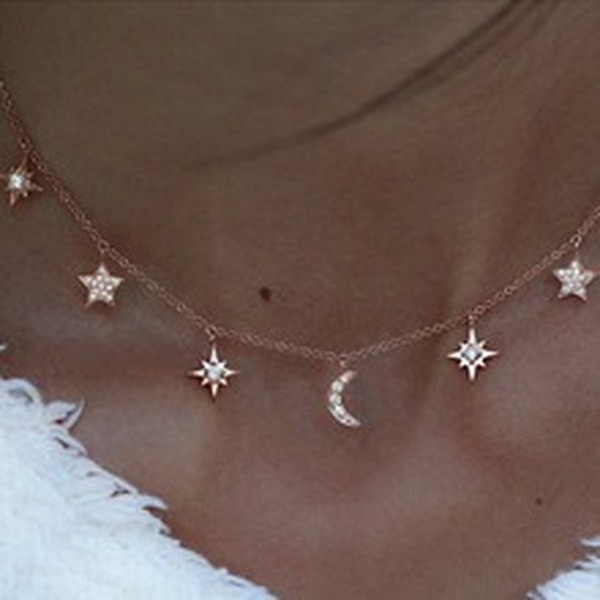 Bulk Jewelry Wholesale gold alloy pentagonal star moon-encrusted double-layer necklace JDC-NE-C079 Wholesale factory from China YIWU China