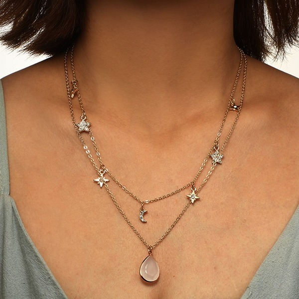 Bulk Jewelry Wholesale gold alloy pentagonal star moon-encrusted double-layer necklace JDC-NE-C079 Wholesale factory from China YIWU China