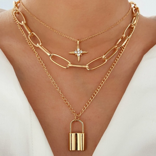 Bulk Jewelry Wholesale gold alloy retro minimalist eight-man star lock pendant thick chain necklace JDC-NE-F327 Wholesale factory from China YIWU China