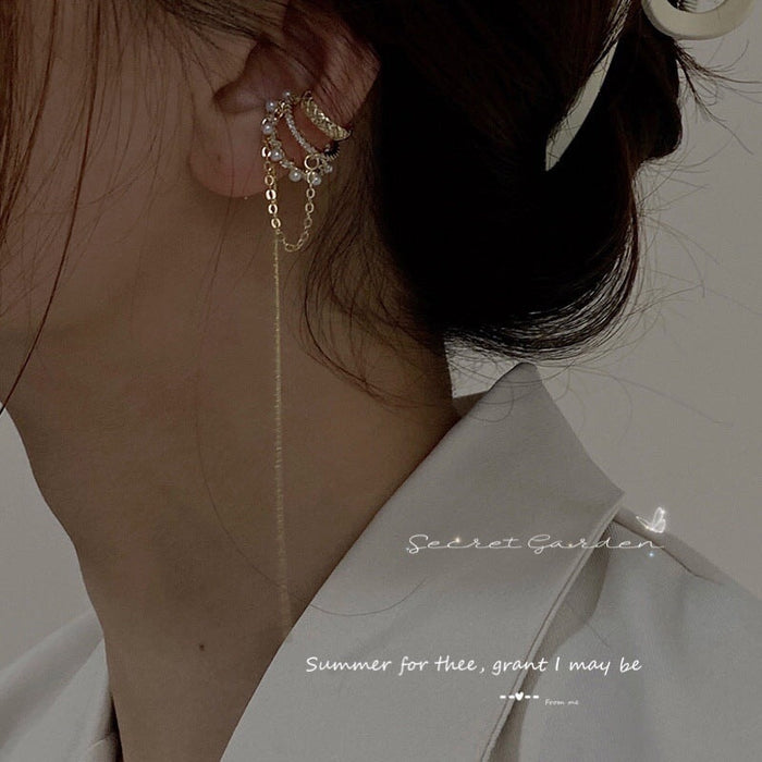 Wholesale gold pearl long tassel alloy ear clip JDC-ES-ChiH016 Earrings 池豪 Wholesale Jewelry JoyasDeChina Joyas De China