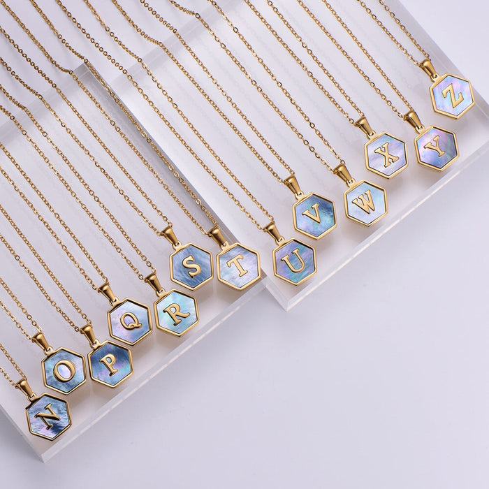 Wholesale Gold Plated Stainless Steel Blue Shell Letter Necklace JDC-NE-Aimi022 Necklaces 爱米 Wholesale Jewelry JoyasDeChina Joyas De China