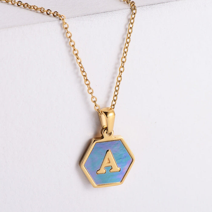 Wholesale Gold Plated Stainless Steel Blue Shell Letter Necklace JDC-NE-Aimi022 Necklaces 爱米 Wholesale Jewelry JoyasDeChina Joyas De China