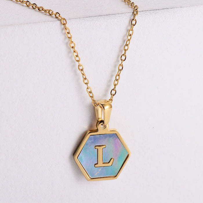 Wholesale Gold Plated Stainless Steel Blue Shell Letter Necklace JDC-NE-Aimi022 Necklaces 爱米 Wholesale Jewelry JoyasDeChina Joyas De China