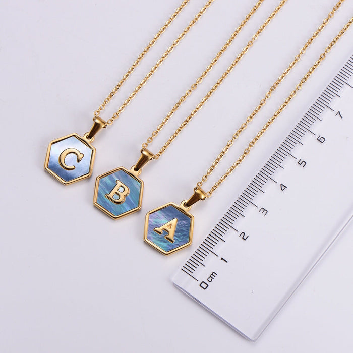 Wholesale Gold Plated Stainless Steel Blue Shell Letter Necklace JDC-NE-Aimi022 Necklaces 爱米 Wholesale Jewelry JoyasDeChina Joyas De China