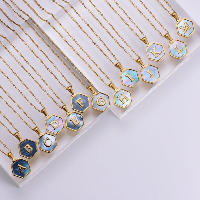 Wholesale Gold Plated Stainless Steel Blue Shell Letter Necklace JDC-NE-Aimi022 Necklaces 爱米 A Wholesale Jewelry JoyasDeChina Joyas De China