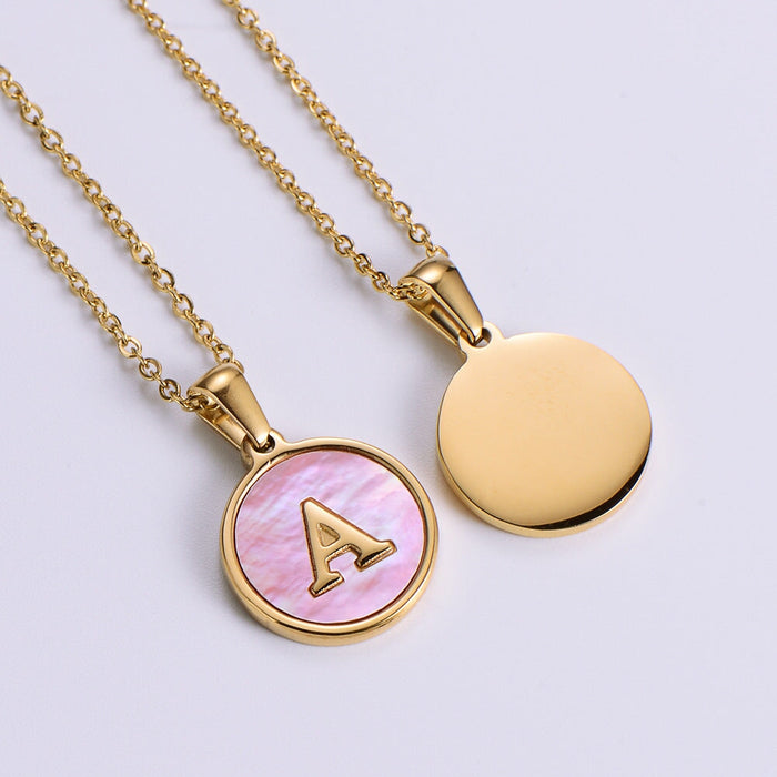 Wholesale Gold Plated Stainless Steel Pink Shell Letter Necklace JDC-NE-Aimi021 Necklaces 爱米 Wholesale Jewelry JoyasDeChina Joyas De China