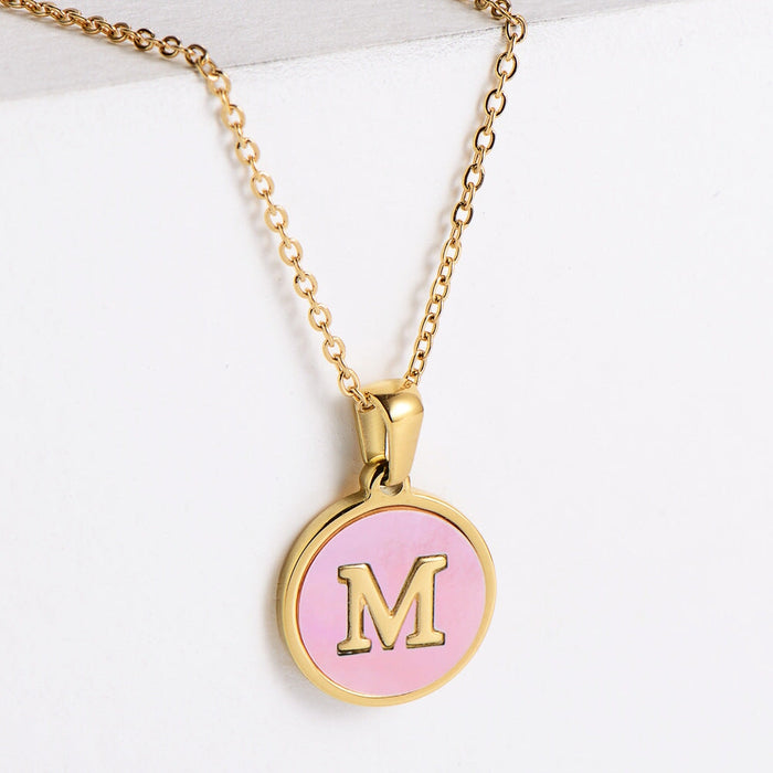 Wholesale Gold Plated Stainless Steel Pink Shell Letter Necklace JDC-NE-Aimi021 Necklaces 爱米 Wholesale Jewelry JoyasDeChina Joyas De China