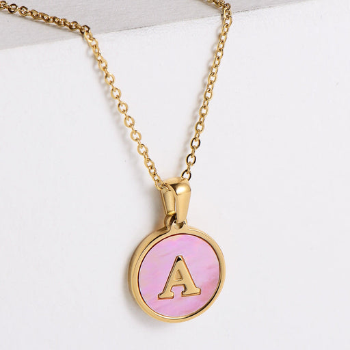 Wholesale Gold Plated Stainless Steel Pink Shell Letter Necklace JDC-NE-Aimi021 Necklaces 爱米 Wholesale Jewelry JoyasDeChina Joyas De China