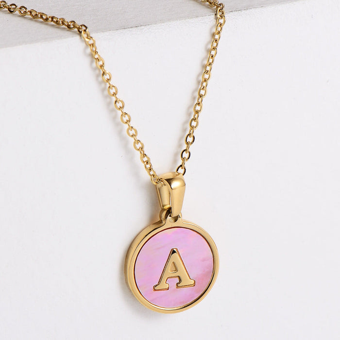 Wholesale Gold Plated Stainless Steel Pink Shell Letter Necklace JDC-NE-Aimi021 Necklaces 爱米 A Wholesale Jewelry JoyasDeChina Joyas De China