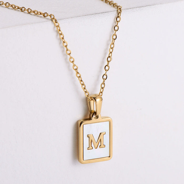Wholesale Gold Plated Stainless Steel White Shell Letter Necklace JDC-NE-Aimi020 Necklaces 爱米 M Wholesale Jewelry JoyasDeChina Joyas De China