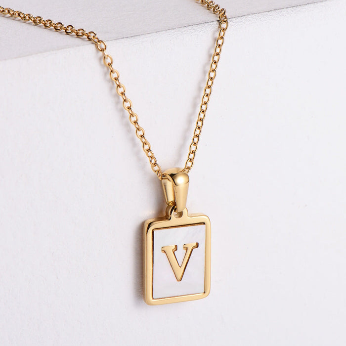 Wholesale Gold Plated Stainless Steel White Shell Letter Necklace JDC-NE-Aimi020 Necklaces 爱米 V Wholesale Jewelry JoyasDeChina Joyas De China