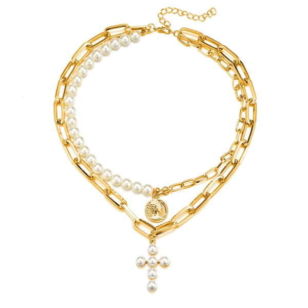 Bulk Jewelry Wholesale golden alloy cross necklace seal inlaid faux pearl sweater chain JDC-NE-F319 Wholesale factory from China YIWU China