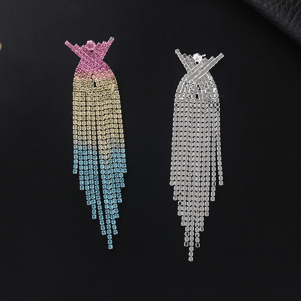 Wholesale Gradient Colored Rhinestone Cross Long Fringe Large Earrings JDC-ES-ZHONGW009 Earrings 众薇 Wholesale Jewelry JoyasDeChina Joyas De China
