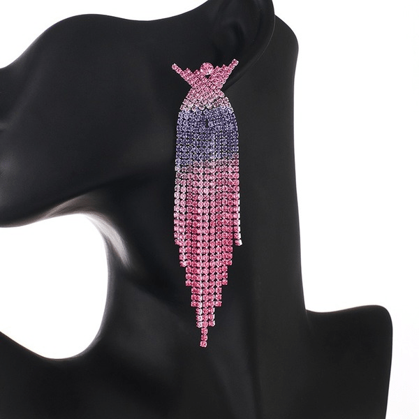 Wholesale Gradient Colored Rhinestone Cross Long Fringe Large Earrings JDC-ES-ZHONGW009 Earrings 众薇 Wholesale Jewelry JoyasDeChina Joyas De China