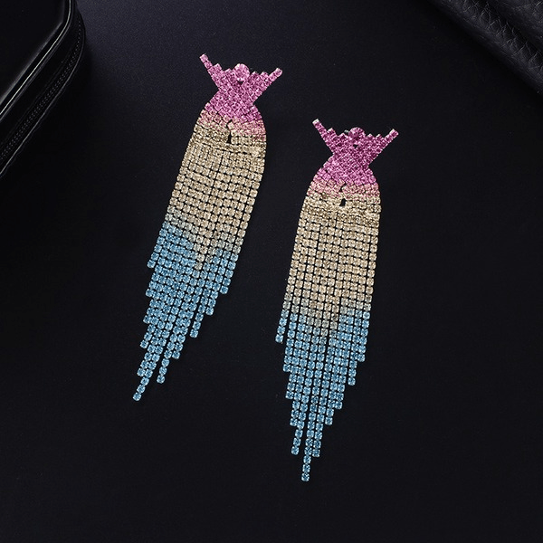 Wholesale Gradient Colored Rhinestone Cross Long Fringe Large Earrings JDC-ES-ZHONGW009 Earrings 众薇 Wholesale Jewelry JoyasDeChina Joyas De China