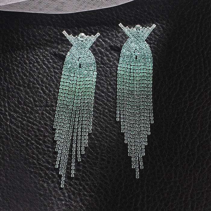 Wholesale Gradient Colored Rhinestone Cross Long Fringe Large Earrings JDC-ES-ZHONGW009 Earrings 众薇 green gradient Wholesale Jewelry JoyasDeChina Joyas De China