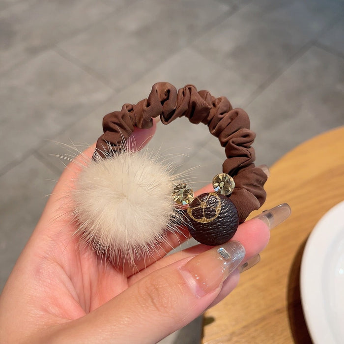 Wholesale hair ball leather rubber band plush hair rope（F）JDC-HS-GSXP006 Hair Scrunchies 宏鑫 brown Wholesale Jewelry JoyasDeChina Joyas De China