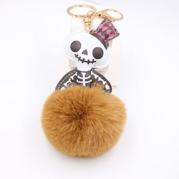 Wholesale Halloween Leather Skull Imitation Hair Hair Ball Keychain JDC-KC-Zuge030 Keychains 祖格 brown Wholesale Jewelry JoyasDeChina Joyas De China