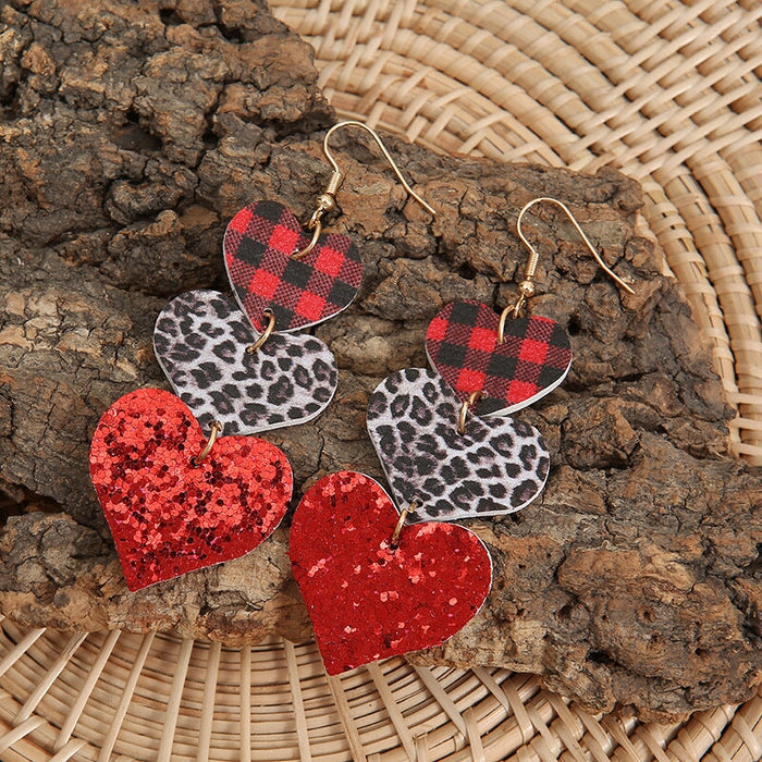 Wholesale Leather Flannel Sequin Leopard Heart Earrings JDC-ES-Saip007 Earrings 赛蒲 Wholesale Jewelry JoyasDeChina Joyas De China