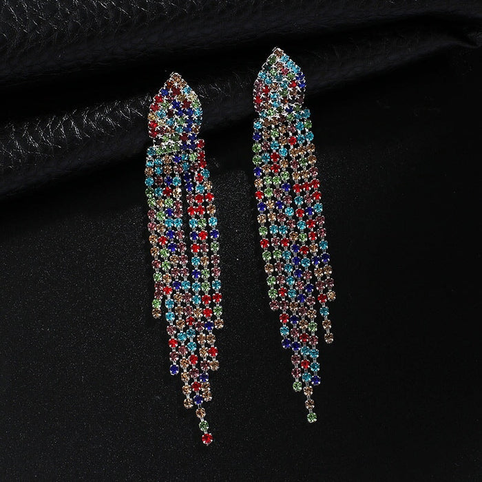 Wholesale Long Colorful Rhinestone Tassel Drop Earrings JDC-ES-ZHONGW007 Earrings 众薇 Gold + Colored Diamonds Wholesale Jewelry JoyasDeChina Joyas De China